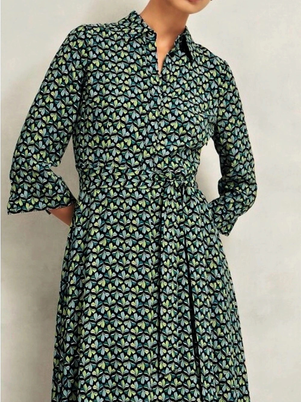 Hobbs Floral Tie-Waist Midi Dress in Black & Green Size small